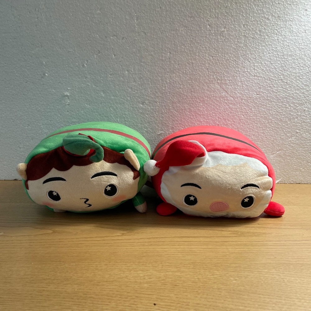 Moosh Moosh Christmas Plush 9" Green Elf Jingle & Red Santa Squishy Pillow Lot